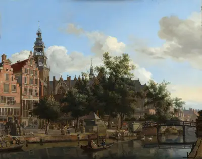View of Oudezijds Voorburgwal with the Oude Kerk in Amsterdam av Jan van der Heyden