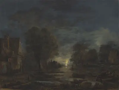 A moonlit landscape, with an inn beside a river av Aert van der Neer