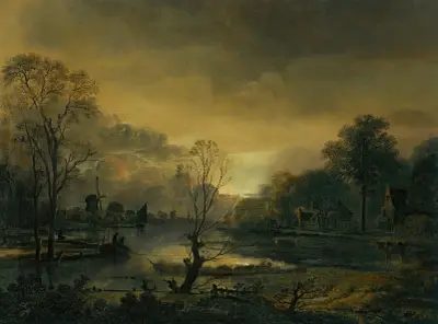 A River Landscape At Sunset With Fishermen Drawing In Their Net In The Foreground, Windmills Beyond av Aert van der Neer
