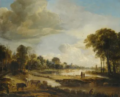 A River Landscape With Figures And Cattle av Aert van der Neer