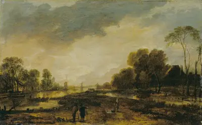 A River Scene; Evening (probably late 1640s) av Aert van der Neer