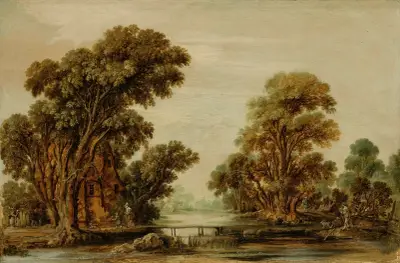 A wooded river landscape, with figures and a cottage near a footbridge av Aert van der Neer