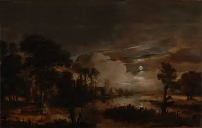 Moonlit Landscape with a View of the New Amstel River and Castle Kostverloren av Aert van der Neer