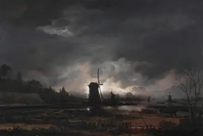 Moonlit Landscape With A Windmill (early to mid 1650s) av Aert van der Neer