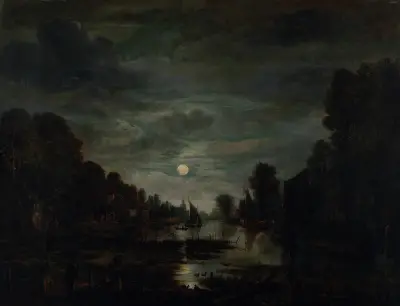 River Landscape in Moonlight, 1645 av Aert van der Neer