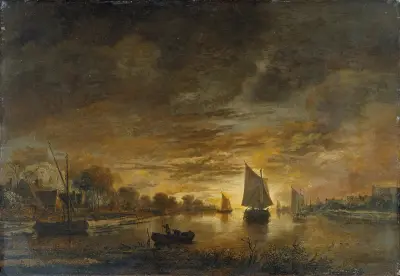 River Landscape with Ships at Moonrise av Aert van der Neer