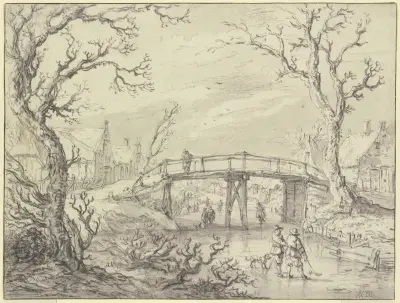 Über einen zugefrorenen Kanal bei einem Dorf eine Holzbrücke, vorne zwei Männer mit einem Hund av Aert van der Neer