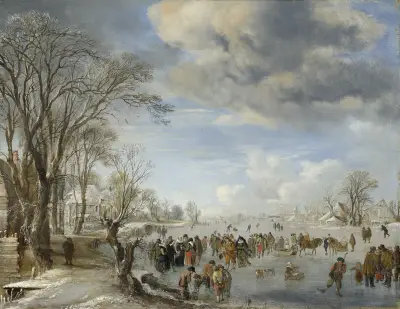 Winter in Holland – Skating Scene av Aert van der Neer