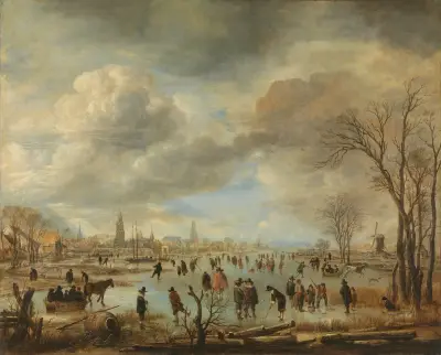 Winter Landscape near a Town with Kolf Players and Horse-Drawn Sleighs av Aert van der Neer