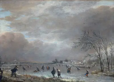 Winter Landscape with Skaters on a Frozen River av Aert van der Neer