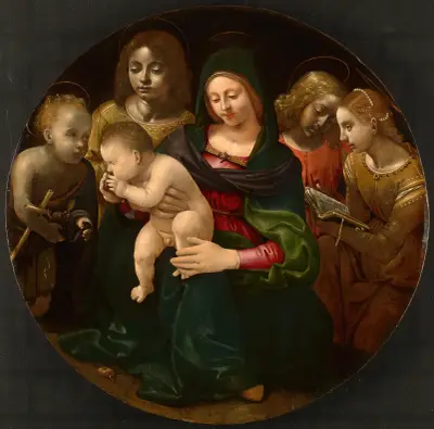 Virgin and Child with the Young Saint John the Baptist, Saint Cecilia, and Angels av Piero di Cosimo