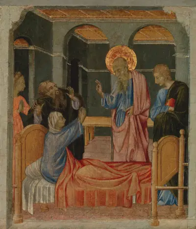 Saint John the Evangelist Raises Drusiana av Giovanni di Paolo