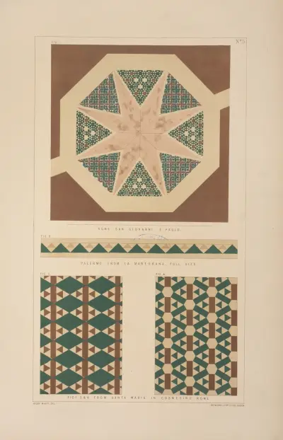 Fig. 1. Rome, San Giovanni, E. Paulo; Fig. 2. Palermo from La Martoranta, full size; Figs. 3. & 4., from Santa Maria in Cosmedino, Rome av Matthew Digby Wyatt