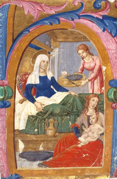 The birth of the Virgin in an initial H av Domenico Ghirlandaio