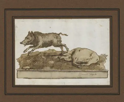 Ett vildsvin, galopperande åt vänster, och en sovande sugga (på basen) av Giovanni Domenico Tiepolo
