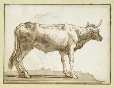 En ung tjur stående till höger (på en bas) av Giovanni Domenico Tiepolo