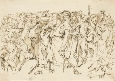 En skara forntida krigare, orientaler och två pojkar samlade till offer av Giovanni Domenico Tiepolo