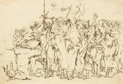 En skara personer i antik romersk eller orientalisk dräkt, samlade vid ett hedniskt altare av Giovanni Domenico Tiepolo