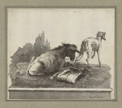En åsna liggande i gräset, med en italiensk vinthund (på en bas) av Giovanni Domenico Tiepolo