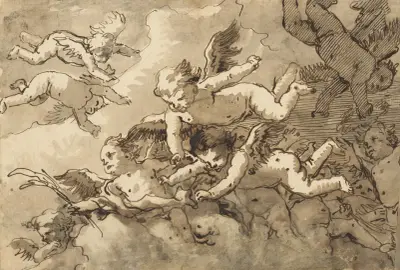 A Flock of Winged Cherubs in the Sky, One Holding a Martyr’s Palm av Giovanni Domenico Tiepolo