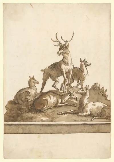 En hjort och fyra hindar på en gräsbevuxen kulle (med bas) av Giovanni Domenico Tiepolo