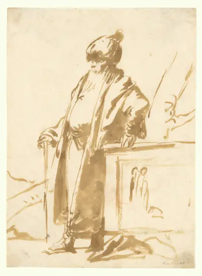 En gammal man i orientisk dräkt, stående vid ett hedniskt altare av Giovanni Domenico Tiepolo