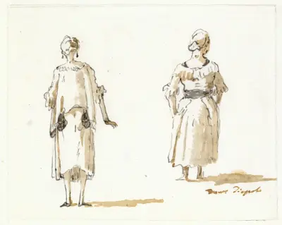 Karikaty av två kvinnor sedda bakifrån av Giovanni Domenico Tiepolo