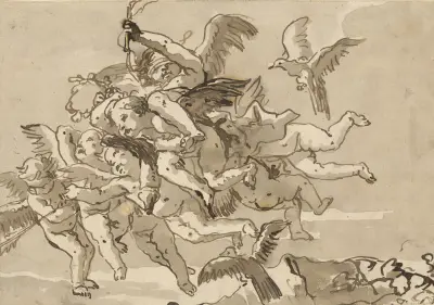Cupid Blindfolded, Carried Through the Sky by Seven Winged Putti av Giovanni Domenico Tiepolo