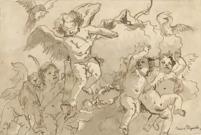 Amor med ögonbindel i molnen, med fem följeslagande putti av Giovanni Domenico Tiepolo