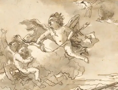 Amor med förbundna ögon, på ett moln buret av två putti av Giovanni Domenico Tiepolo