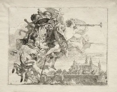 Dedikation med bevingad berömmelsefigur som bär vapnet för furstbiskopen av Würzburg av Giovanni Domenico Tiepolo