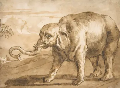 Elefant i landskap av Giovanni Domenico Tiepolo