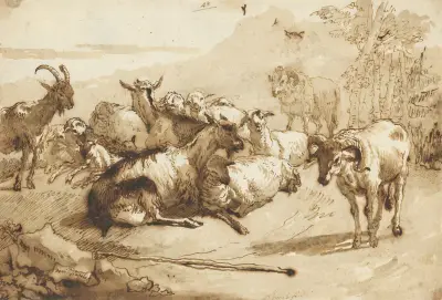 Getter och får i ett landskap av Giovanni Domenico Tiepolo