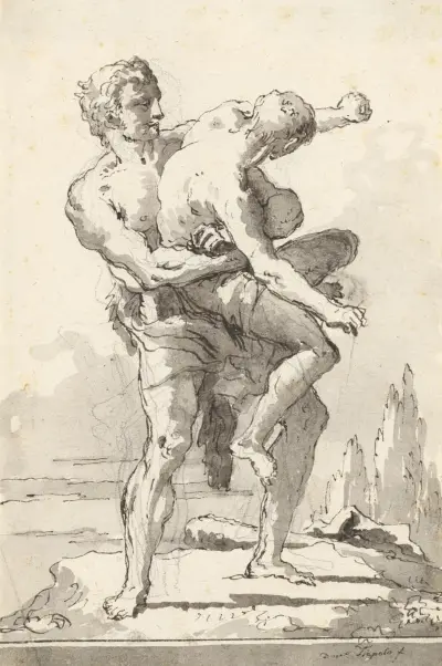 Herkules och Antaios (med en avsats nedanför) av Giovanni Domenico Tiepolo
