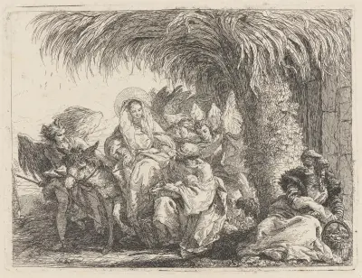 Josef knäböjer med barnet framför Maria på åsnan av Giovanni Domenico Tiepolo