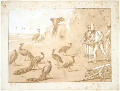 Punchinello Feeding the Peacocks av Giovanni Domenico Tiepolo