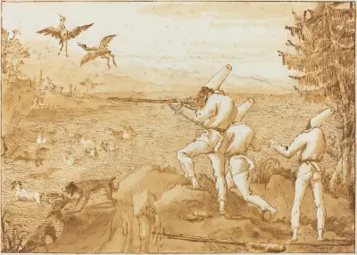 Punchinellos Hunting Waterfowl av Giovanni Domenico Tiepolo