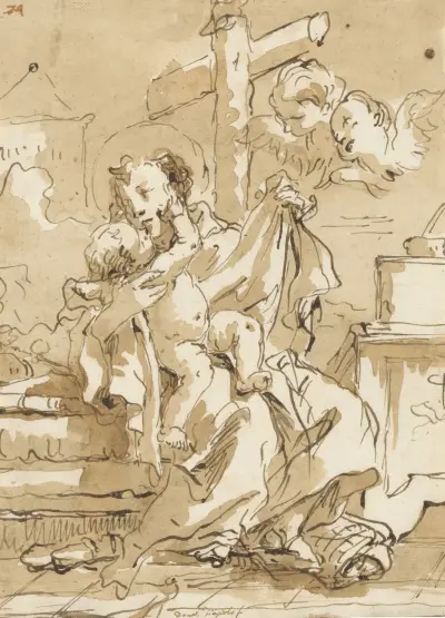 Sankt Antonius av Padua med Kristusbarnet, i en interiör av Giovanni Domenico Tiepolo