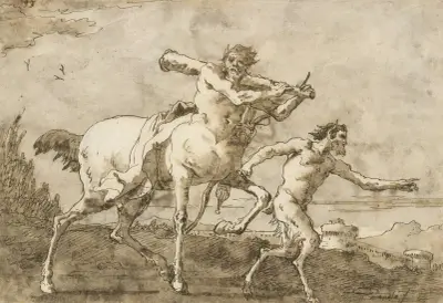 Satyr som leder en kentaur med klubba, båge och koger utanför en stadsmur av Giovanni Domenico Tiepolo