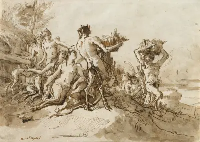 Satyrer bärande korgar med förnödenheter till sina familjer av Giovanni Domenico Tiepolo