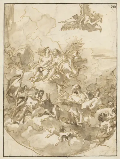 Skiss till ett tak med allegori över styrka och visdom av Giovanni Domenico Tiepolo