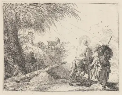 Flykten, den heliga familjen till höger, Josef blickar åt vänster av Giovanni Domenico Tiepolo