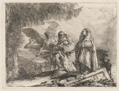 Flykten, den heliga familjen vandrar med ängel av Giovanni Domenico Tiepolo