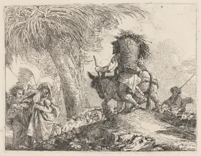 Flykten, Josef till höger och Maria med ängel till vänster av Giovanni Domenico Tiepolo