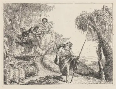 Flykten med Josef i förgrunden av Giovanni Domenico Tiepolo
