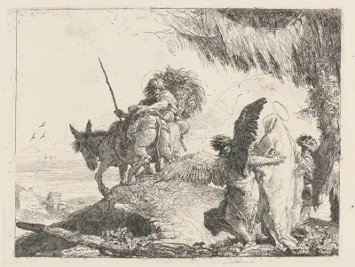 Flykten, med Madonnan till höger stödd av änglar av Giovanni Domenico Tiepolo