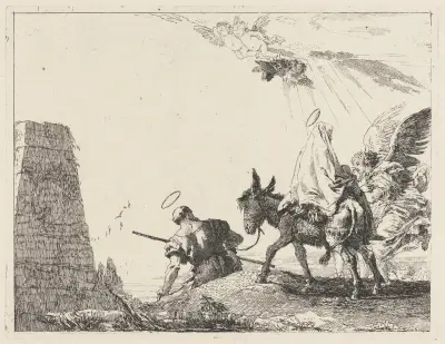 Flykten med obelisk till vänster av Giovanni Domenico Tiepolo