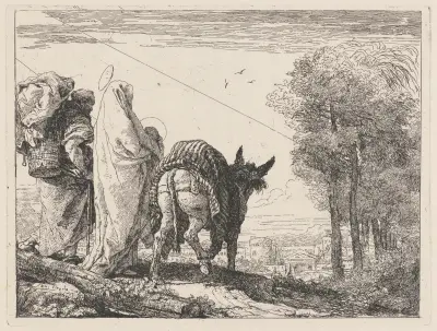 Flykten med den heliga familjen till vänster av Giovanni Domenico Tiepolo