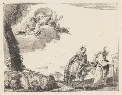 Flykten med den heliga familjen till höger av Giovanni Domenico Tiepolo