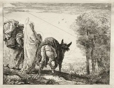 The Holy Family Approaching a Village av Giovanni Domenico Tiepolo
